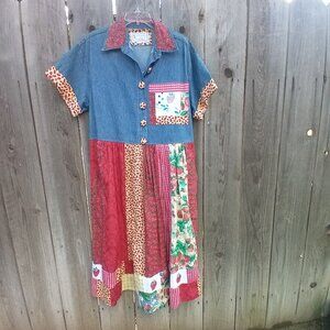 DEE'S DESIGN DRESS WOMENS TALL SIZE M DENIM FRUIT PRINT SHORT SLEEVE BUTTON UP